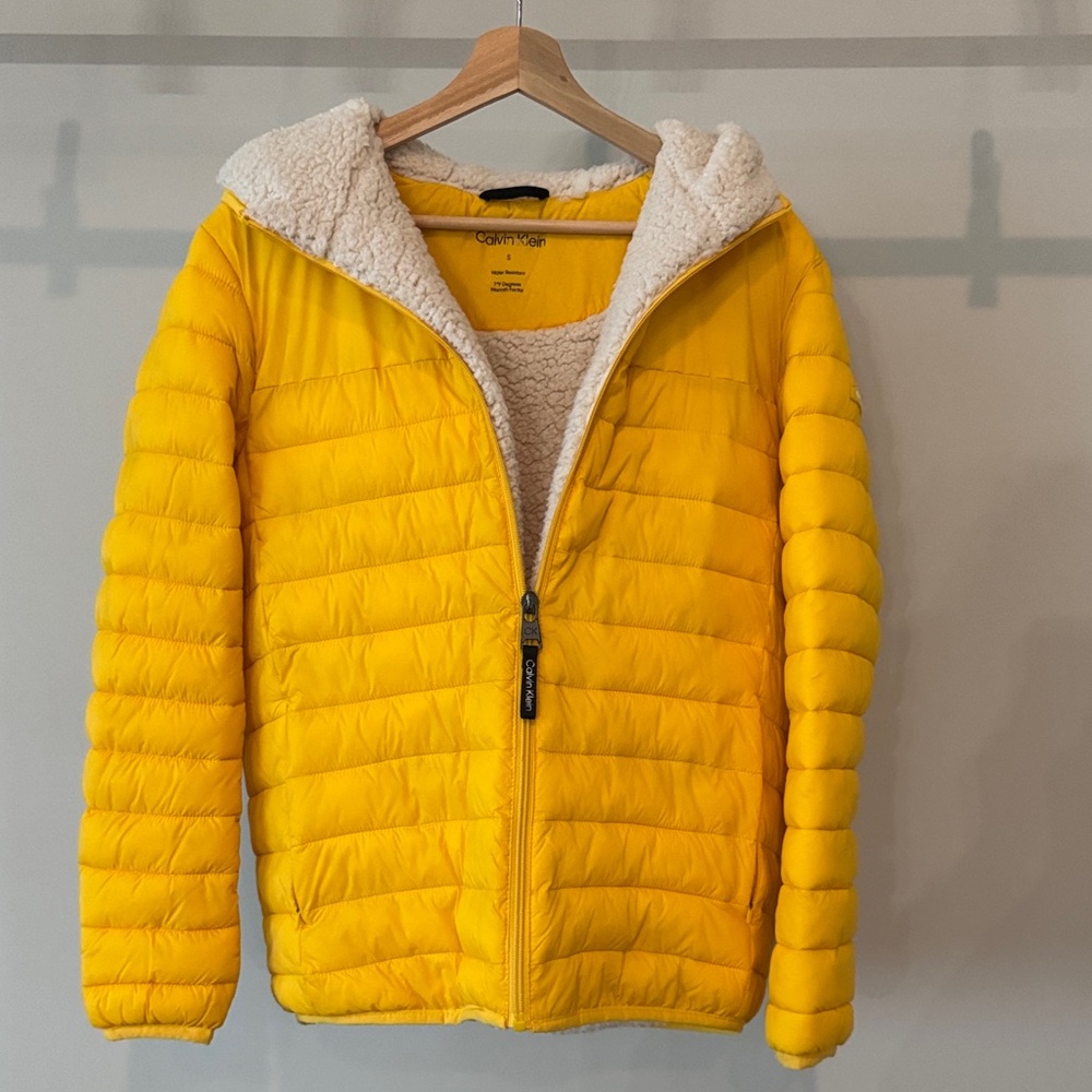 Calvin Klein Bright Yellow Quilted Puffer Jacket with Sherpa Hood